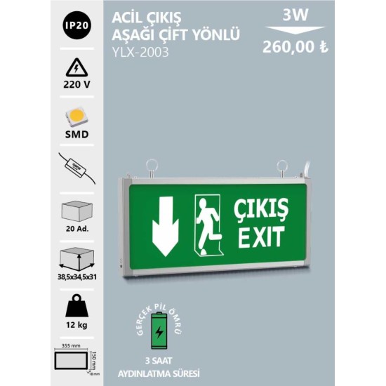 NOAS ACİL ÇIKIŞ 3W AŞAĞI ÇİFT YÖNLÜ